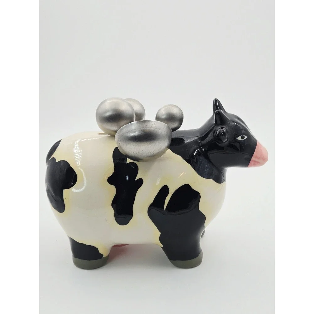 Vtg Ceramic Cow Measuring Spoon Holder with 4 Stainless Steel Spoons Black White